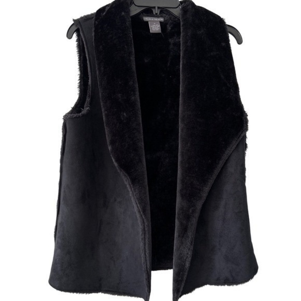 Chelsea‎ & Theodore Women's Black Faux Suede Faux Fur Lined Open Front Vest M